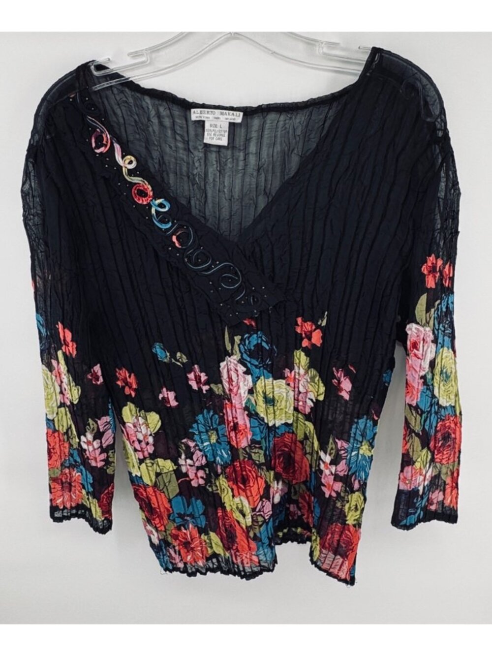 Alberto Makali Women's Sheer Pleated Floral Blouse Large Artsy Colorful Boho